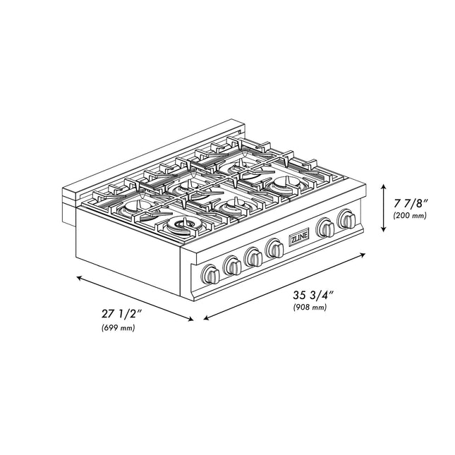 ZLINE 36 in. Legacy Gas Rangetop with 6 Burners and Porcelain Cooktop in Satin Stainless Steel with Griddle (RTS-GR-36)