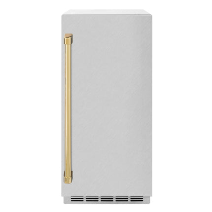ZLINE Autograph Edition 15 in. Touchstone Gourmet Ice Maker with Drain Pump and Satin Stainless Steel Door with Polished Gold Handle (IGMDZ-SN-15-G)