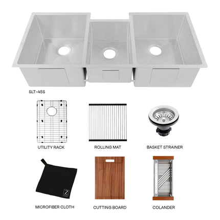 ZLINE 45 in. Breckenridge Undermount Triple Bowl Satin Stainless Steel Kitchen Sink with Bottom Grid (SLT-45S)