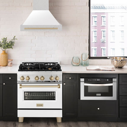 ZLINE Autograph Edition 30" Fingerprint Resistant Stainless Steel Range Hood with White Matte Shell and Champagne Bronze Handle (8654SNZ-WM30-CB)