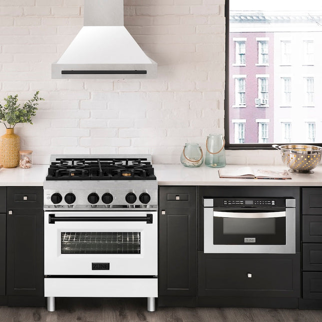ZLINE Autograph Edition 30" Fingerprint Resistant Stainless Steel Range Hood with White Matte Shell and Matte Black Handle (8654SNZ-WM30-MB)