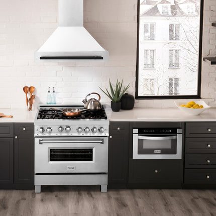 ZLINE Autograph Edition 36" Fingerprint Resistant Stainless Steel Range Hood with White Matte Shell and Matte Black Handle (8654SNZ-WM36-MB)