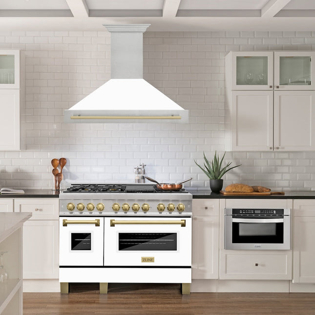ZLINE Autograph Edition 48" Fingerprint Resistant Stainless Steel Range Hood with White Matte Shell and Champagne Bronze Handle (8654SNZ-WM48-CB)