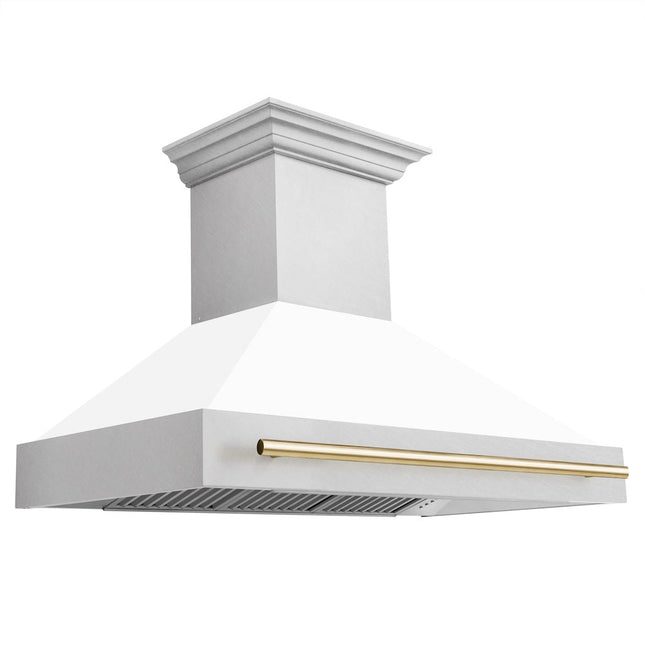 ZLINE Autograph Edition 48" Fingerprint Resistant Stainless Steel Range Hood with White Matte Shell and Polished Gold Handle (8654SNZ-WM48-G)