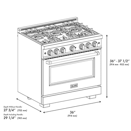 ZLINE 36 in. 5.2 cu. ft. Select Gas Range with 6 Burner Cooktop and Convection Gas Oven in Satin Stainless Steel (HGRS-36)
