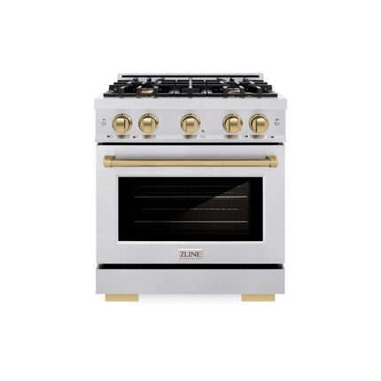 ZLINE Autograph Edition 30 in. 4.2 cu. ft. Select Dual Fuel Range with 4 Burner Gas Cooktop and Electric Convection Oven in Satin Stainless Steel with Champagne Bronze Accents (HDRSZ-30-CB)