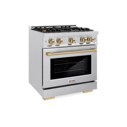 ZLINE Autograph Edition 30 in. 4.2 cu. ft. Select Dual Fuel Range with 4 Burner Gas Cooktop and Electric Convection Oven in Satin Stainless Steel with Champagne Bronze Accents (HDRSZ-30-CB)