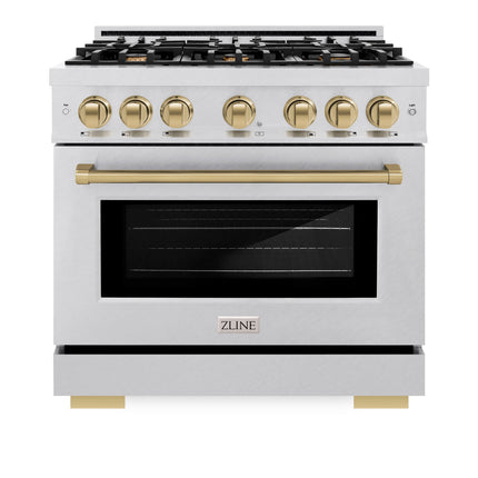 ZLINE Autograph Edition 36 in. 5.2 cu. ft. Select Dual Fuel Range with 6 Burner Gas Cooktop and Electric Convection Oven in Satin Stainless Steel with Champagne Bronze Accents (HDRSZ-36-CB)