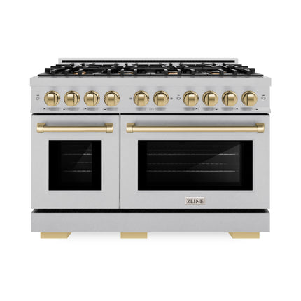 ZLINE Autograph Edition 48 in. 6.7 cu. ft. Select Double Oven Dual Fuel Range with 8 Burner Gas Cooktop in Satin Stainless Steel and Champagne Bronze Accents (HDRSZ-48-CB)