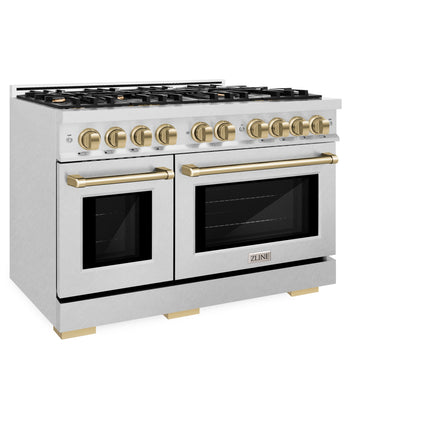 ZLINE Autograph Edition 48 in. 6.7 cu. ft. Select Double Oven Dual Fuel Range with 8 Burner Gas Cooktop in Satin Stainless Steel and Champagne Bronze Accents (HDRSZ-48-CB)