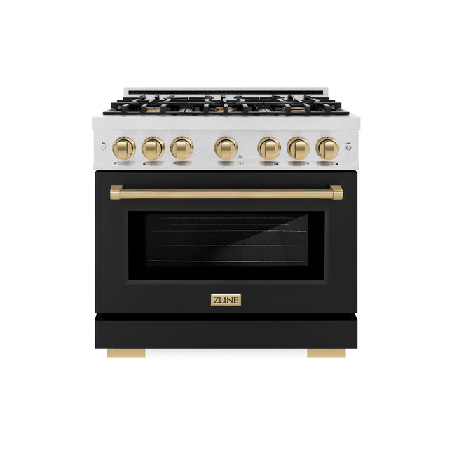 ZLINE Autograph Edition 36 in. 5.2 cu. ft. Select Dual Fuel Range with 6 Burner Gas Cooktop and Electric Convection Oven in Satin Stainless Steel with Black Matte Door and Champagne Bronze Accents (HDRSZ-BLM-36-CB)