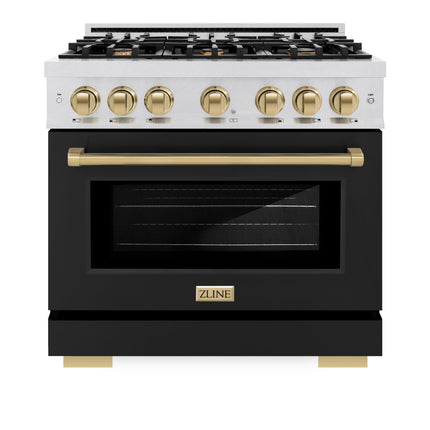 ZLINE Autograph Edition 36 in. 5.2 cu. ft. Select Dual Fuel Range with 6 Burner Gas Cooktop and Electric Convection Oven in Satin Stainless Steel with Black Matte Door and Champagne Bronze Accents (HDRSZ-BLM-36-CB)