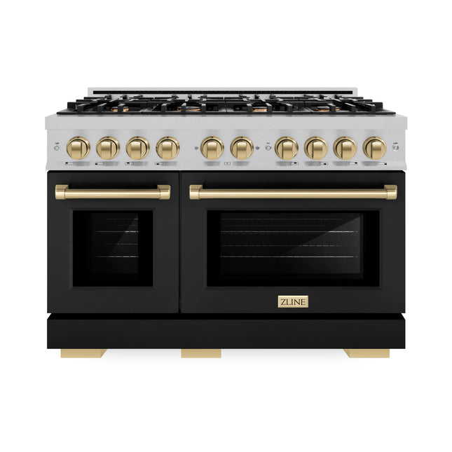 ZLINE Autograph Edition 48 in. 6.7 cu. ft. Select Double Oven Dual Fuel Range with 8 Burner Gas Cooktop in Satin Stainless Steel with Black Matte Doors and Champagne Bronze Accents (HDRSZ-BLM-48-CB)