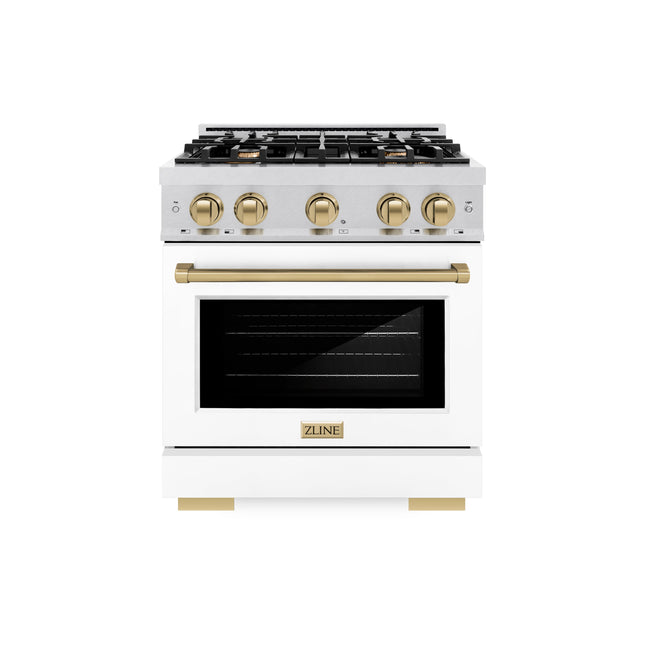 ZLINE Autograph Edition 30 in. 4.2 cu. ft. Select Dual Fuel Range with 4 Burner Gas Cooktop and Electric Convection Oven in Satin Stainless Steel with White Matte Door and Champagne Bronze Accents (HDRSZ-WM-30-CB)