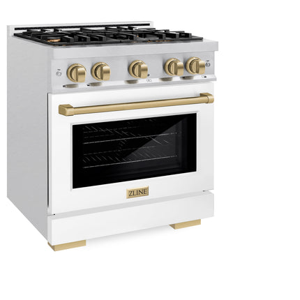 ZLINE Autograph Edition 30 in. 4.2 cu. ft. Select Dual Fuel Range with 4 Burner Gas Cooktop and Electric Convection Oven in Satin Stainless Steel with White Matte Door and Champagne Bronze Accents (HDRSZ-WM-30-CB)