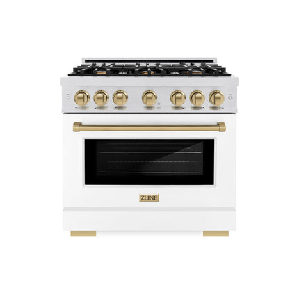 ZLINE Autograph Edition 36 in. 5.2 cu. ft. Select Dual Fuel Range with 6 Burner Gas Cooktop and Electric Convection Oven in Satin Stainless Steel with White Matte Door and Champagne Bronze Accents (HDRSZ-WM-36-CB)