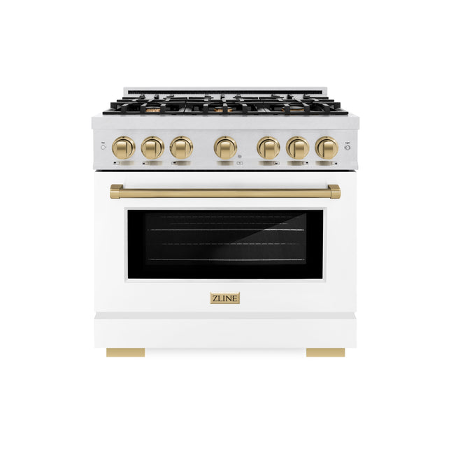 ZLINE Autograph Edition 36 in. 5.2 cu. ft. Select Dual Fuel Range with 6 Burner Gas Cooktop and Electric Convection Oven in Satin Stainless Steel with White Matte Door and Polished Gold Accents (HDRSZ-WM-36-G)