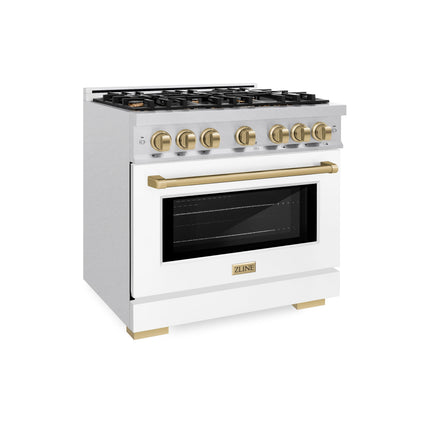 ZLINE Autograph Edition 36 in. 5.2 cu. ft. Select Dual Fuel Range with 6 Burner Gas Cooktop and Electric Convection Oven in Satin Stainless Steel with White Matte Door and Polished Gold Accents (HDRSZ-WM-36-G)