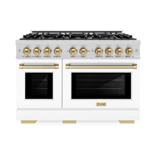 ZLINE Autograph Edition 48 in. 6.7 cu. ft. Select Double Oven Dual Fuel Range with 8 Burner Gas Cooktop in Satin Stainless Steel with White Matte Doors and Champagne Bronze Accents (HDRSZ-WM-48-CB)