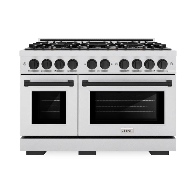 ZLINE Autograph Edition 48 in. 6.7 cu. ft. Select Double Oven Dual Fuel Range with 8 Burner Gas Cooktop in Satin Stainless Steel and Matte Black Accents (HDRSZ-48-MB)