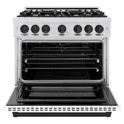 ZLINE Autograph Edition 36 in. 5.2 cu. ft. Select Dual Fuel Range with 6 Burner Gas Cooktop and Electric Convection Oven in Satin Stainless Steel with White Matte Door and Matte Black Accents (HDRSZ-WM-36-MB)