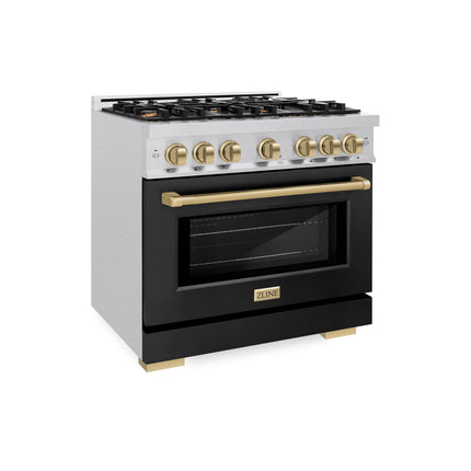 ZLINE Autograph Edition 36 in. 5.2 cu. ft. Select Gas Range with 6 Burner Cooktop and Convection Gas Oven in Satin Stainless Steel with Black Matte Door and Champagne Bronze Accents (HGRSZ-BLM-36-CB)