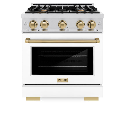 ZLINE Autograph Edition 30 in. 4.2 cu. ft. Select Gas Range with 4 Burner Cooktop and Convection Gas Oven in Satin Stainless Steel with White Matte Door and Champagne Bronze Accents (HGRSZ-WM-30-CB)