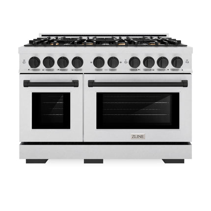 ZLINE Autograph Edition 48 in. 6.7 cu. ft. Select Double Oven Gas Range with 8 Burner Cooktop in Satin Stainless Steel and Matte Black Accents (HGRSZ-48-MB)