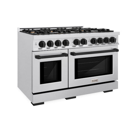 ZLINE Autograph Edition 48 in. 6.7 cu. ft. Select Double Oven Gas Range with 8 Burner Cooktop in Satin Stainless Steel and Matte Black Accents (HGRSZ-48-MB)