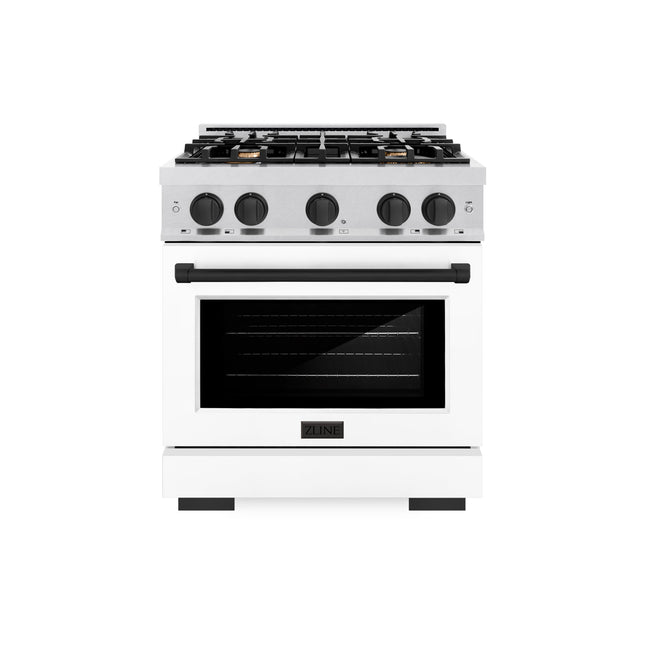 ZLINE Autograph Edition 30 in. 4.2 cu. ft. Select Gas Range with 4 Burner Cooktop and Convection Gas Oven in Satin Stainless Steel with White Matte Door and Matte Black Accents (HGRSZ-WM-30-MB)
