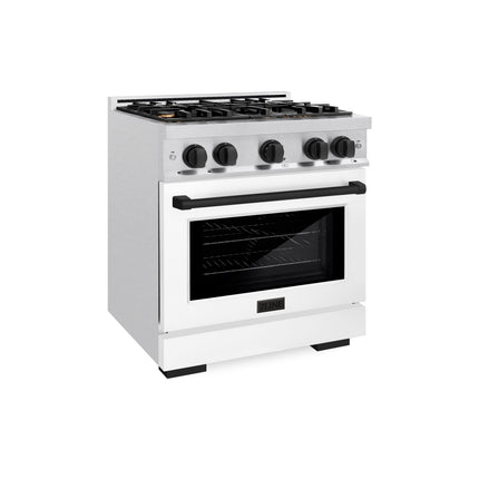 ZLINE Autograph Edition 30 in. 4.2 cu. ft. Select Gas Range with 4 Burner Cooktop and Convection Gas Oven in Satin Stainless Steel with White Matte Door and Matte Black Accents (HGRSZ-WM-30-MB)