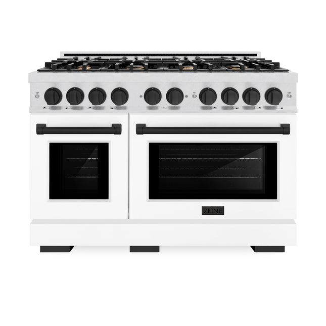 ZLINE Autograph Edition 48 in. 6.7 cu. ft. Select Double Oven Gas Range with 8 Burner Cooktop in Satin Stainless Steel with White Matte Doors and Matte Black Accents (HGRSZ-WM-48-MB)