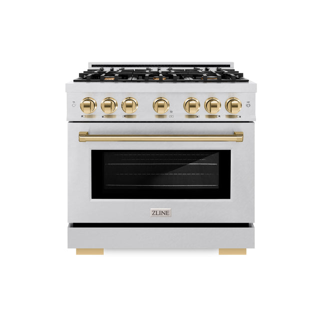 ZLINE Autograph Edition 36 in. 5.2 cu. ft. Select Dual Fuel Range with 6 Burner Gas Cooktop and Electric Convection Oven in Satin Stainless Steel with Polished Gold Accents (HDRSZ-36-G)