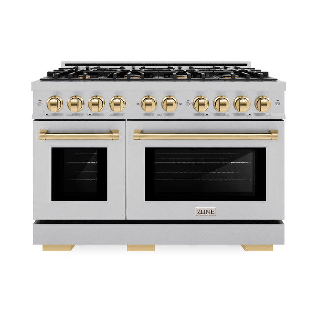 ZLINE Autograph Edition 48 in. 6.7 cu. ft. Select Double Oven Dual Fuel Range with 8 Burner Gas Cooktop in Satin Stainless Steel and Polished Gold Accents (HDRSZ-48-G)