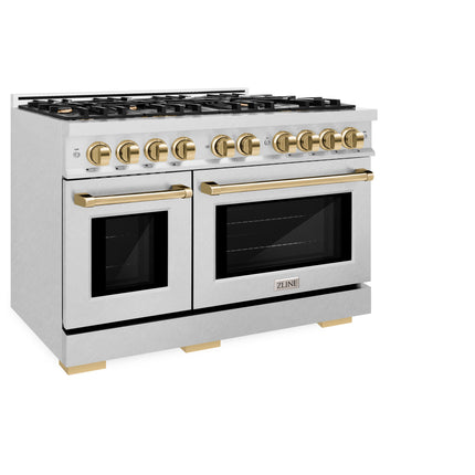 ZLINE Autograph Edition 48 in. 6.7 cu. ft. Select Double Oven Dual Fuel Range with 8 Burner Gas Cooktop in Satin Stainless Steel and Polished Gold Accents (HDRSZ-48-G)