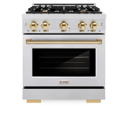 ZLINE Autograph Edition 30 in. 4.2 cu. ft. Select Gas Range with 4 Burner Cooktop and Convection Gas Oven in Satin Stainless Steel and Polished Gold Accents (HGRSZ-30-G)