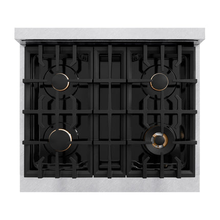 ZLINE Autograph Edition 30 in. 4.2 cu. ft. Select Gas Range with 4 Burner Cooktop and Convection Gas Oven in Satin Stainless Steel and Polished Gold Accents (HGRSZ-30-G)