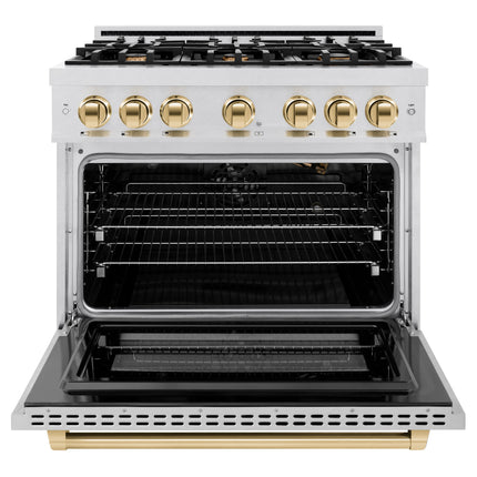 ZLINE Autograph Edition 36 in. 5.2 cu. ft. Select Gas Range with 6 Burner Cooktop and Convection Gas Oven in Satin Stainless Steel and Polished Gold Accents (HGRSZ-36-G)