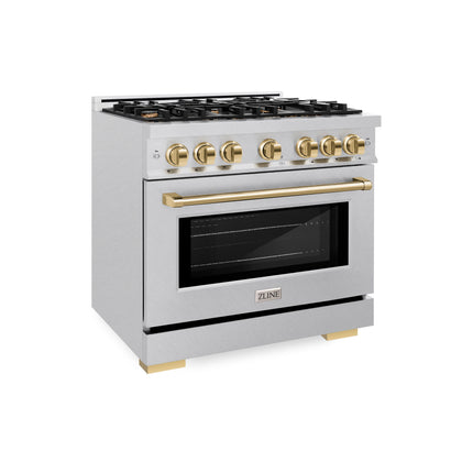 ZLINE Autograph Edition 36 in. 5.2 cu. ft. Select Gas Range with 6 Burner Cooktop and Convection Gas Oven in Satin Stainless Steel and Polished Gold Accents (HGRSZ-36-G)