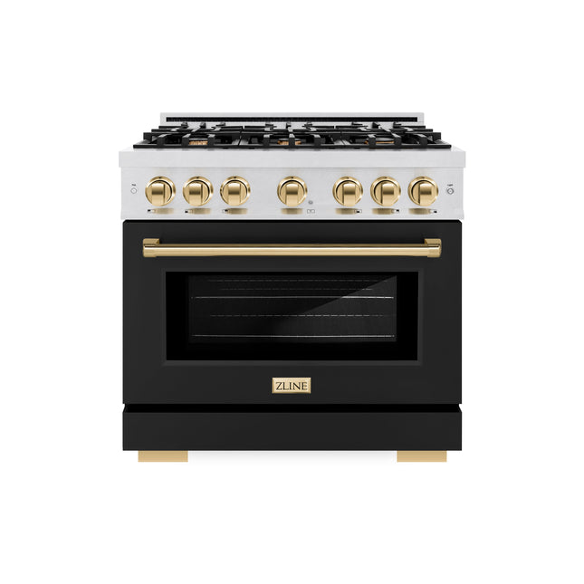 ZLINE Autograph Edition 36 in. 5.2 cu. ft. Select Gas Range with 6 Burner Cooktop and Convection Gas Oven in Satin Stainless Steel with Black Matte Door and Polished Gold Accents (HGRSZ-BLM-36-G)
