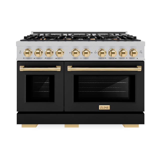 ZLINE Autograph Edition 48 in. 6.7 cu. ft. Select Double Oven Gas Range with 8 Burner Cooktop in Satin Stainless Steel with Black Matte Doors and Polished Gold Accents (HGRSZ-BLM-48-G)