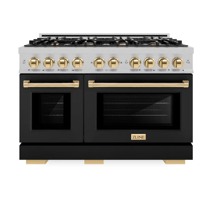 ZLINE Autograph Edition 48 in. 6.7 cu. ft. Select Double Oven Gas Range with 8 Burner Cooktop in Satin Stainless Steel with Black Matte Doors and Polished Gold Accents (HGRSZ-BLM-48-G)