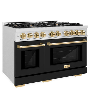 ZLINE Autograph Edition 48 in. 6.7 cu. ft. Select Double Oven Gas Range with 8 Burner Cooktop in Satin Stainless Steel with Black Matte Doors and Polished Gold Accents (HGRSZ-BLM-48-G)