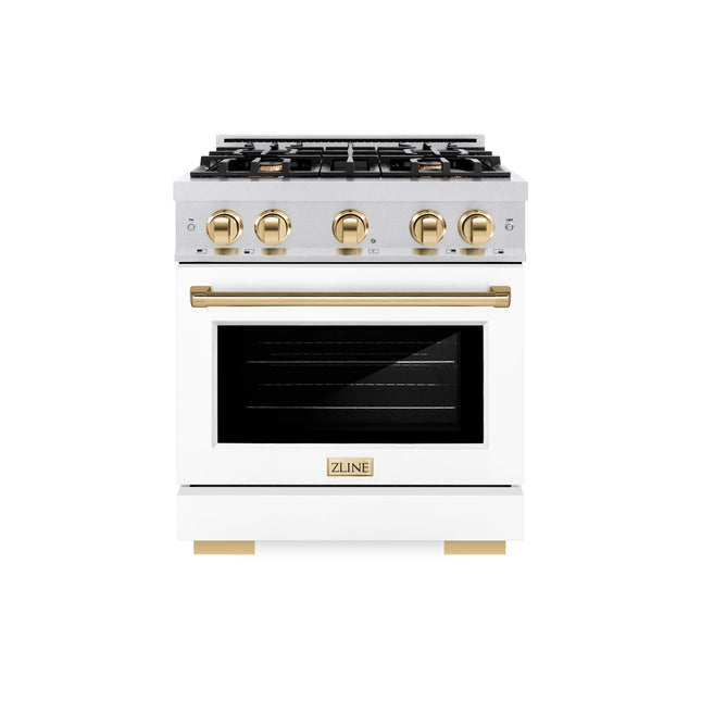 ZLINE Autograph Edition 30 in. 4.2 cu. ft. Select Gas Range with 4 Burner Cooktop and Convection Gas Oven in Satin Stainless Steel with White Matte Door and Polished Gold Accents (HGRSZ-WM-30-G)