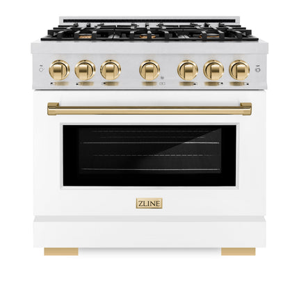 ZLINE Autograph Edition 36 in. 5.2 cu. ft. Select Gas Range with 6 Burner Cooktop and Convection Gas Oven in Satin Stainless Steel with White Matte Door and Polished Gold Accents (HGRSZ-WM-36-G)