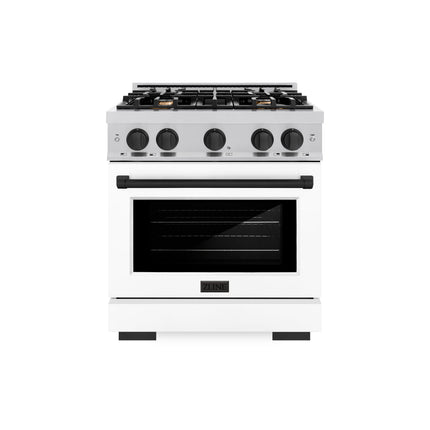 ZLINE Autograph Edition 30 in. 4.2 cu. ft. Select Gas Range with 4 Burner Cooktop and Convection Gas Oven in Stainless Steel with White Matte Door and Matte Black Accents (HGRZ-WM-30-MB)