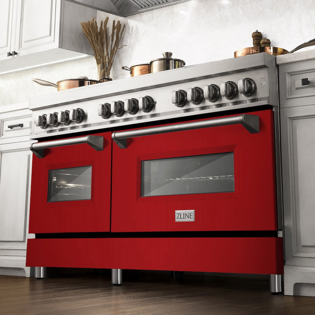 ZLINE 60 in. 7.4 cu. ft. Legacy Dual Fuel Range with 9 Burner Gas Cooktop and 2 Electric Convection Ovens in Stainless Steel and Red Gloss Doors (RA-RG-60)