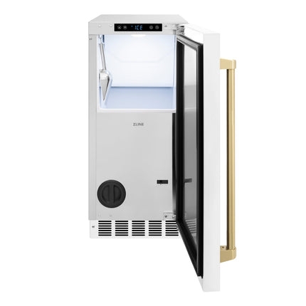 ZLINE Autograph Edition 15 in. Touchstone Clear Cube Ice Maker with Drain Pump and White Matte Door with Champagne Bronze Handle (ICCDZ-WM-15-CB)