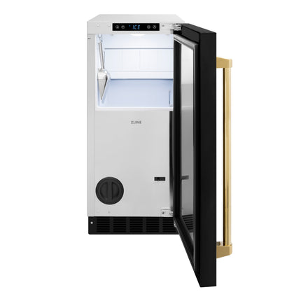ZLINE Autograph Edition 15 in. Touchstone Gourmet Ice Maker with Drain Pump and Black Matte Door with Polished Gold Handle (IGMDZ-BLM-15-G)