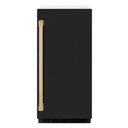 ZLINE Autograph Edition 15 in. Touchstone Gourmet Ice Maker with Drain Pump and Black Matte Door with Polished Gold Handle (IGMDZ-BLM-15-G)
